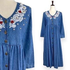 Vintage 90s Mirage Denim Midi Dress Blue Size M Art To Wear Cottagecore Prairie